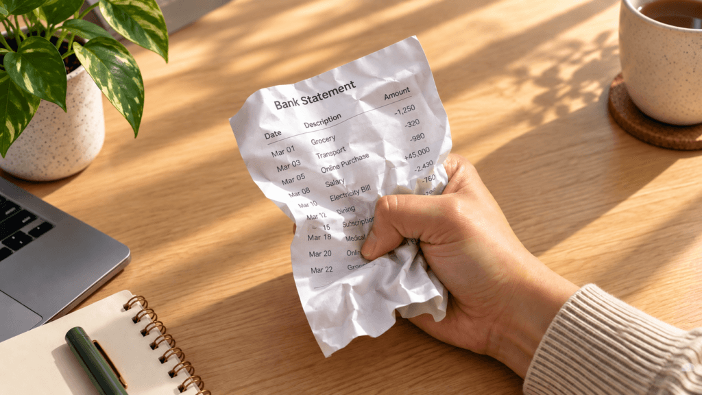 How a Scarcity Mindset Shapes Your Relationship With Money 2 Hand tightly crumpling a printed bank statement on a wooden desk near a laptop and coffee