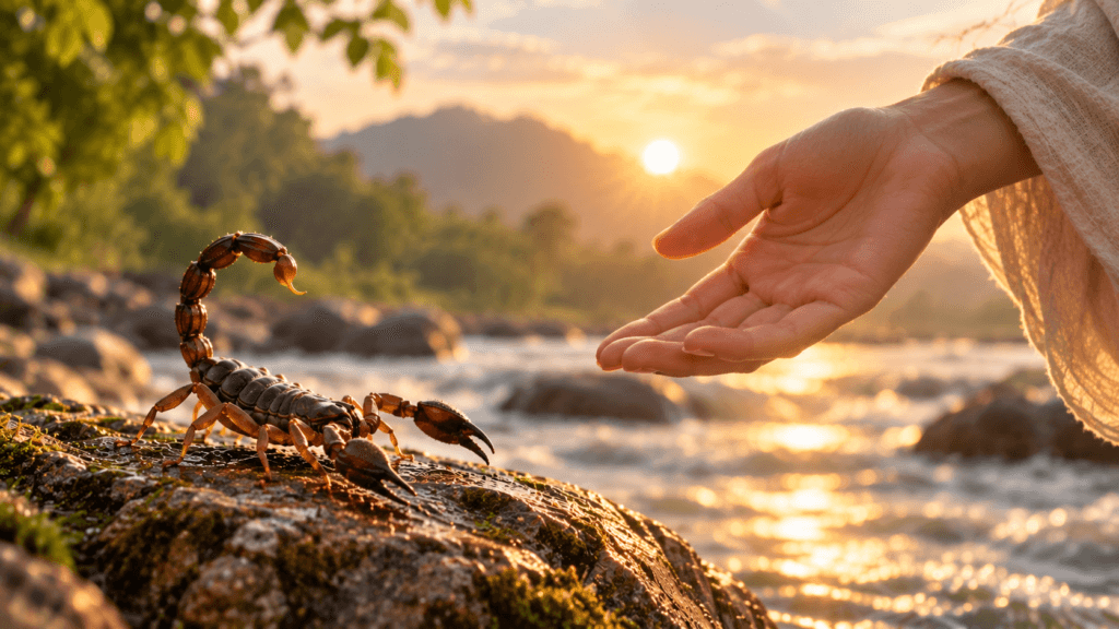 The Saint and the Scorpion: The Courage to Be Kind Without Losing Yourself 2 A scorpion and hand near a river symbolizing nature and compassion.