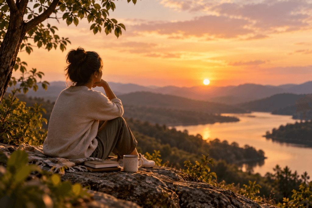 The Saint and the Scorpion: The Courage to Be Kind Without Losing Yourself 3 A woman reflecting peacefully at sunset about kindness and boundaries.