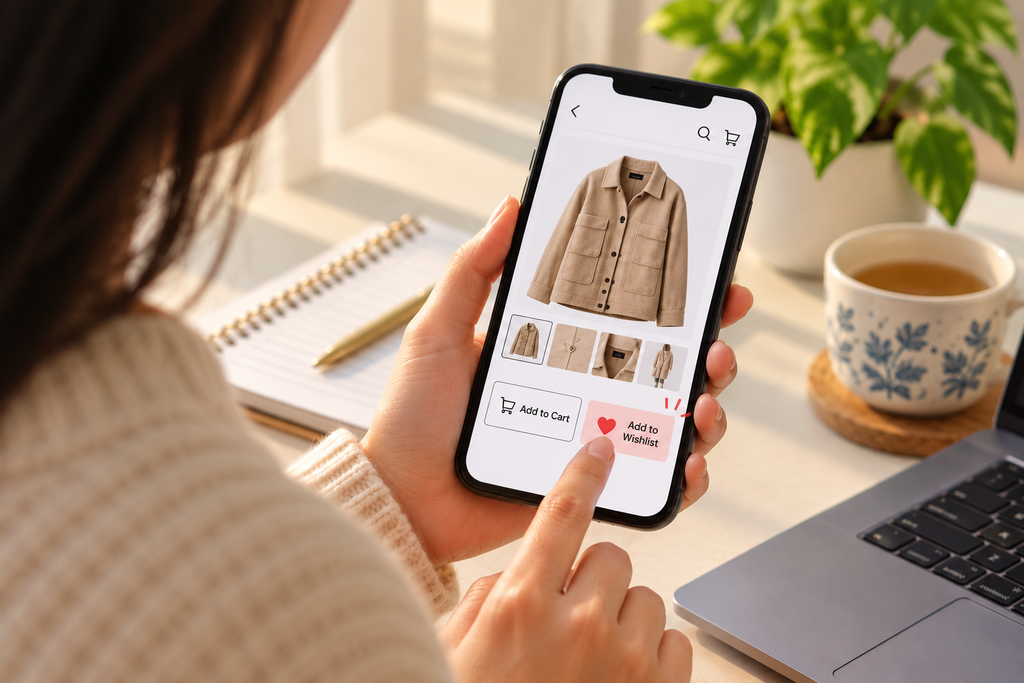 A person taps the “Add to Wishlist” button on a smartphone displaying a beige jacket on an online shopping app, with the separate “Add to Cart” option visible.