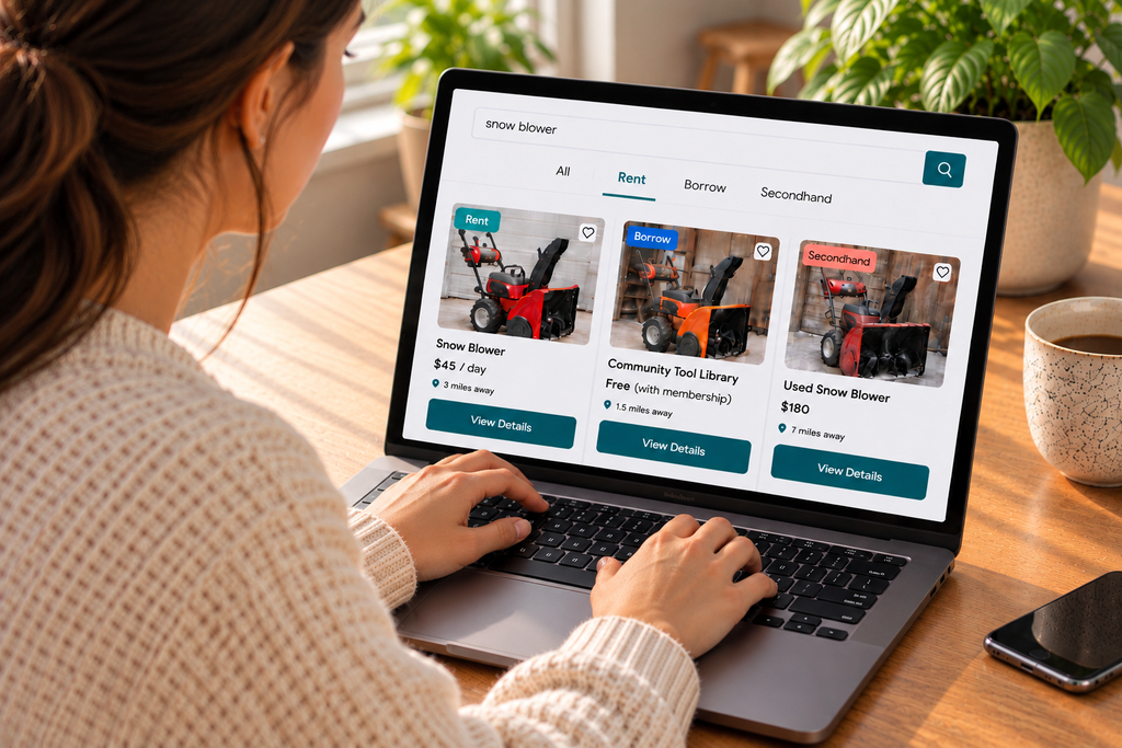 A woman browses a rental and secondhand marketplace on her laptop, comparing options for a rarely used snow blower, with separate listings for renting, borrowing, and buying used equipment.