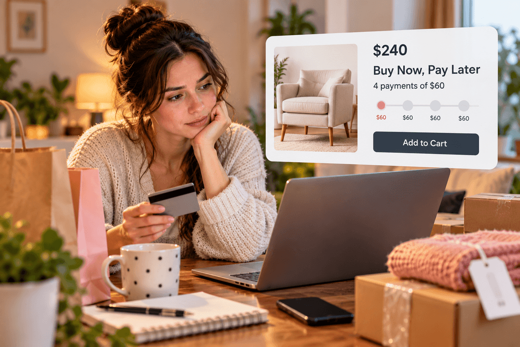 Woman shopping online with a credit card while considering a $240 buy-now-pay-later purchase split into four $60 payments.