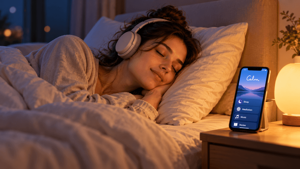 Woman relaxing in bed with headphones while using the Calm meditation app for sleep and relaxation.