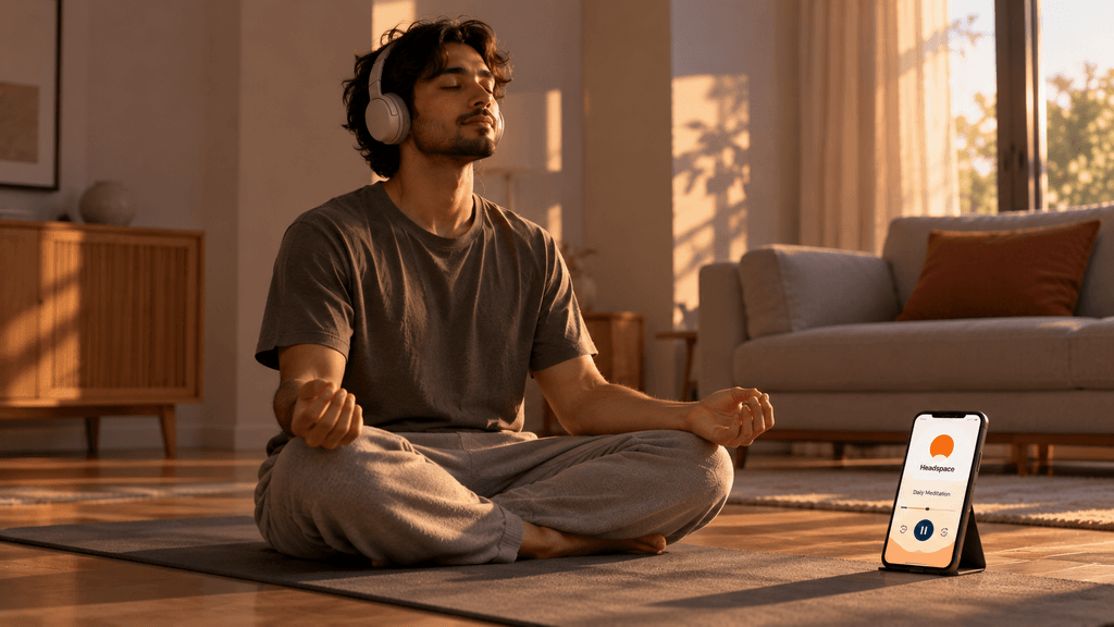 Beginner meditating on a yoga mat while following a guided session on the Headspace app.