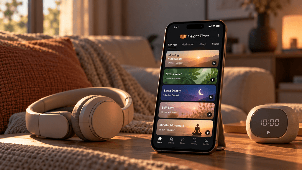 Smartphone displaying the Insight Timer meditation library with multiple guided meditation options.