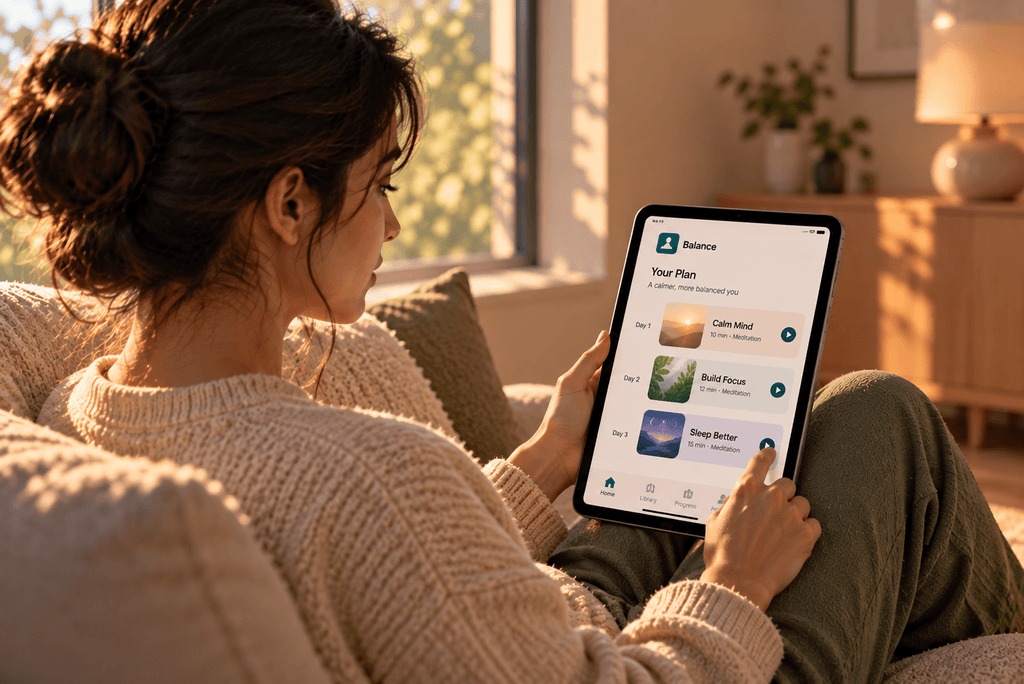 Person following a personalized meditation plan on the Balance app in a quiet, sunlit room.