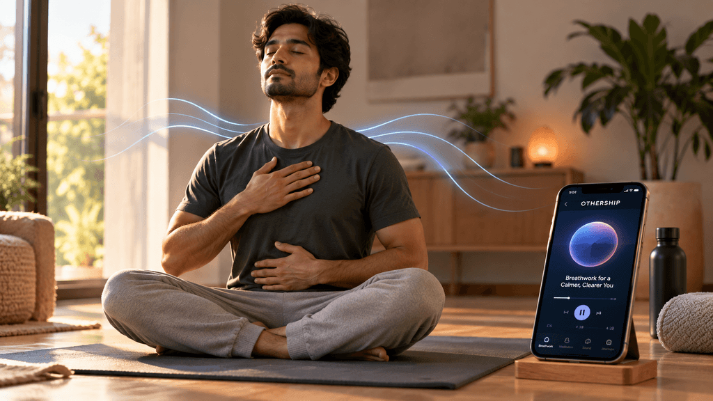 Person practicing guided breathwork on a yoga mat while using the Othership app.