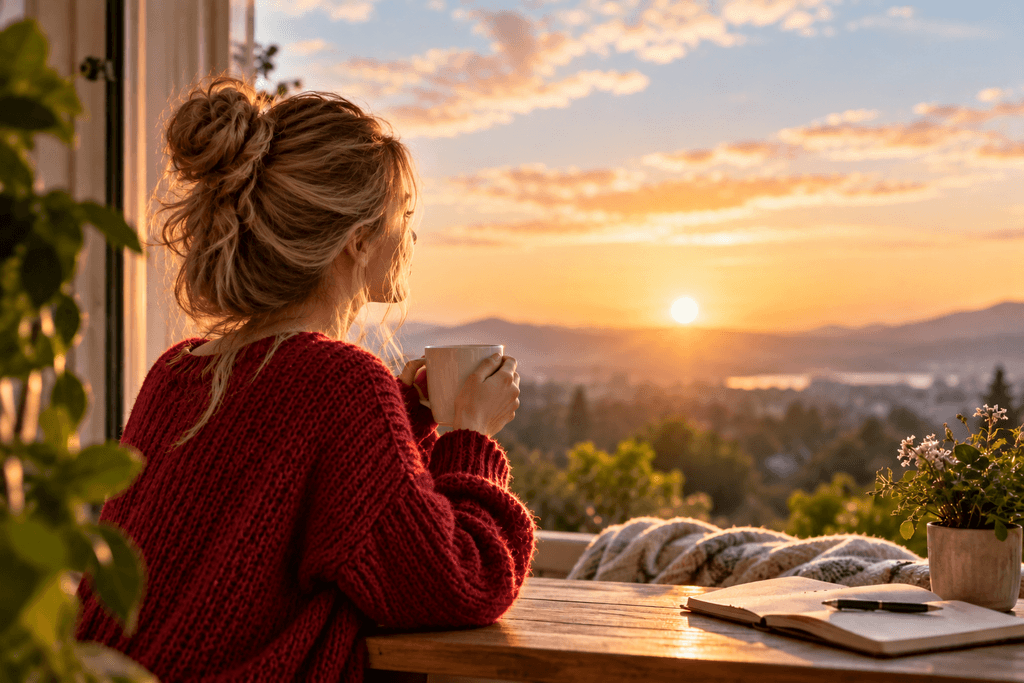 A woman in a cherry-red sweater sits by a balcony window holding a warm mug, watching the sunrise over a peaceful landscape, with a journal and plant on the table.