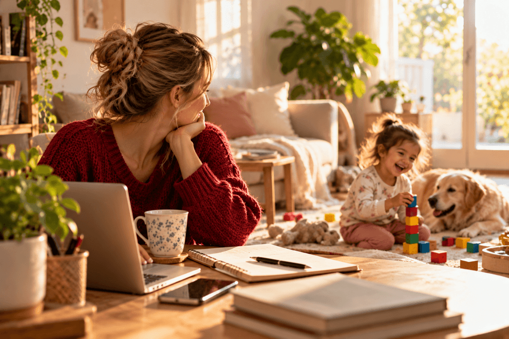 A woman working at a table pauses to watch a laughing young child playing nearby, finding a quiet moment of happiness amid her busy day.
