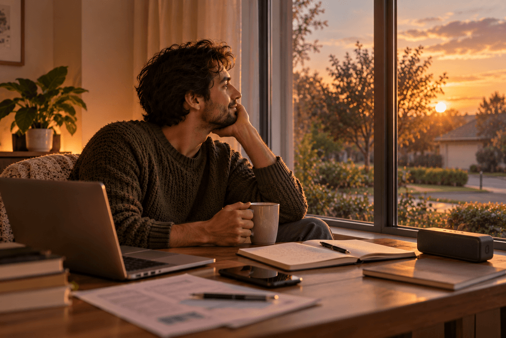A tired man pauses from work to listen to music and enjoy a warm drink while watching the peaceful evening light over his front yard.
