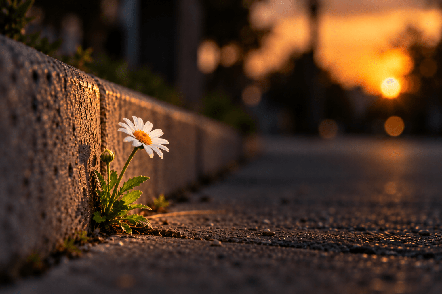 A white daisy growing from a narrow crack beside a concrete curb, illuminated by soft early morning sunlight against a dark, blurred background.