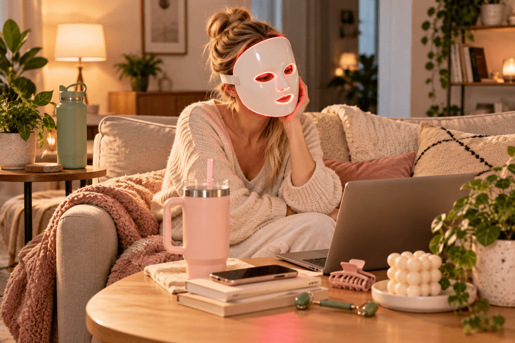 woman wearing an LED face mask while relaxing on a sofa, with trendy water bottles, a laptop, smartphone, beauty tools, and decor arranged on nearby tables.