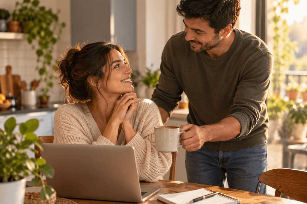 A couple sharing a warm moment at home as a man brings his partner a cup of coffee while she smiles appreciatively.