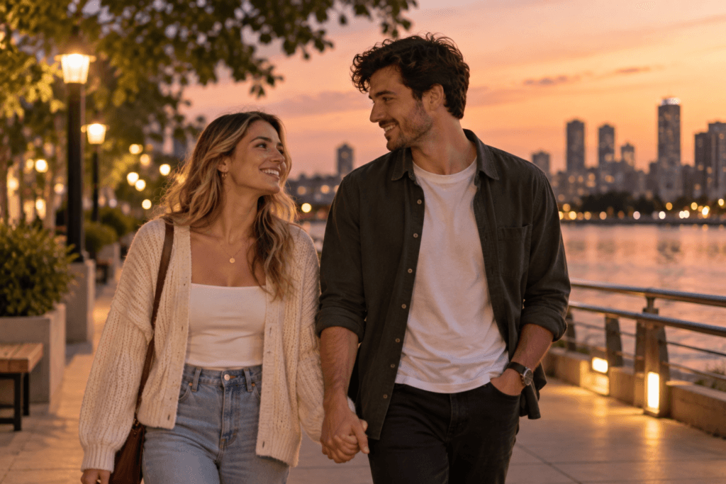 Couple walking together after dinner, building a healthy relationship through quality time